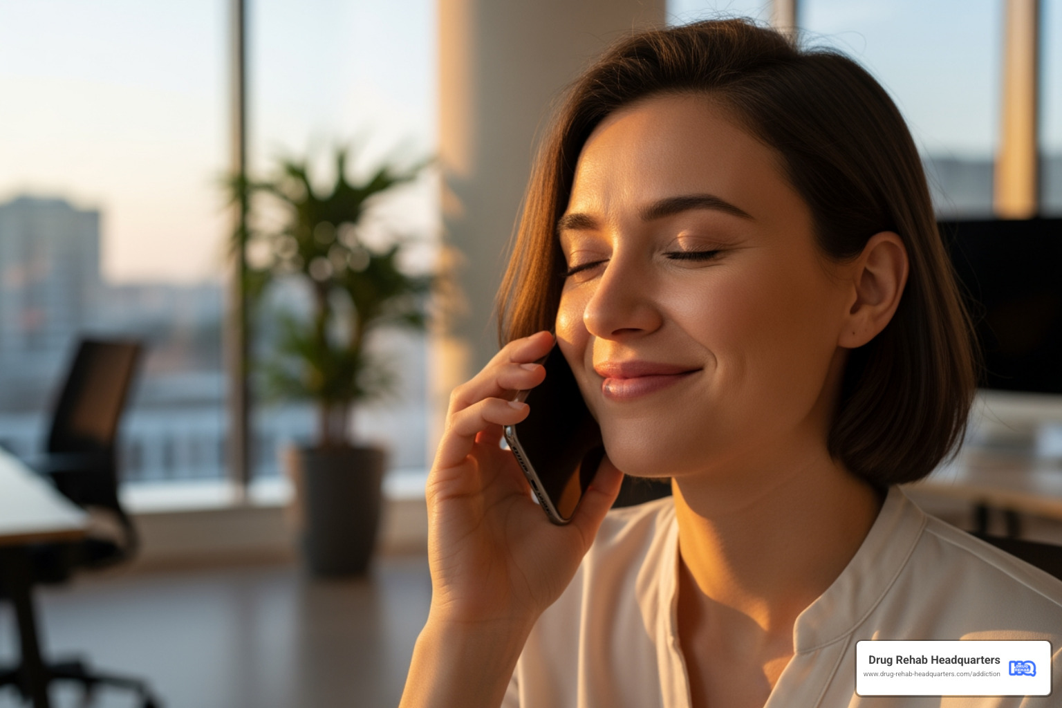 person on phone looking relieved - rehab centers for alcoholics