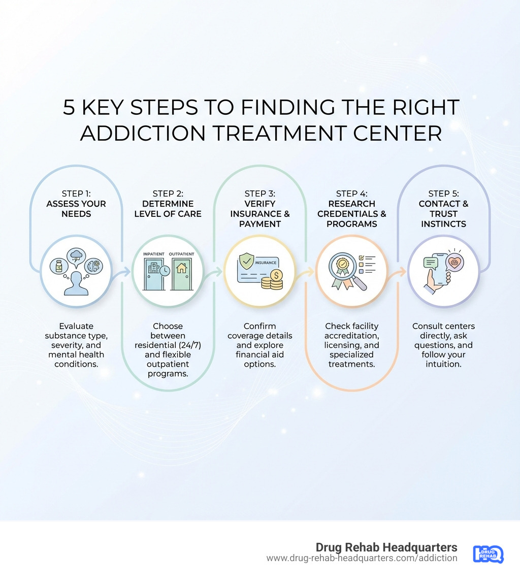 Infographic showing 5 key steps to finding the right addiction treatment center: Step 1 - Assess your needs (substance type, severity, mental health); Step 2 - Determine level of care (inpatient vs outpatient); Step 3 - Verify insurance coverage and explore payment options; Step 4 - Research facility credentials, accreditation, and specialized programs; Step 5 - Contact centers for consultations and trust your instincts - addiction treatment center infographic 