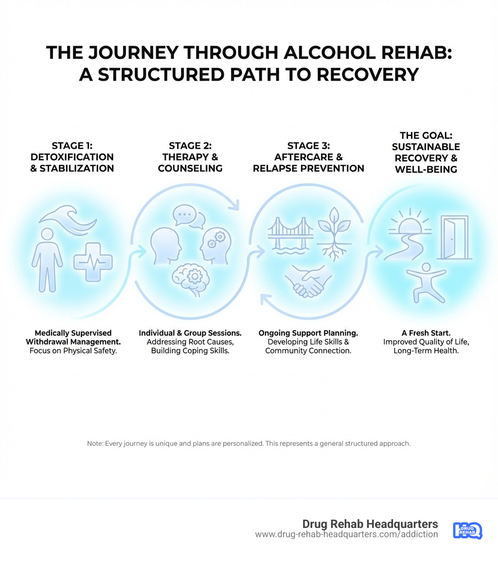 Infographic showing the journey from recognizing alcohol use disorder through medical detox, inpatient or outpatient treatment, behavioral therapies like CBT and group counseling, medication-assisted treatment options, and aftercare planning with ongoing support groups leading to long-term recovery - rehab centers for alcoholics infographic 