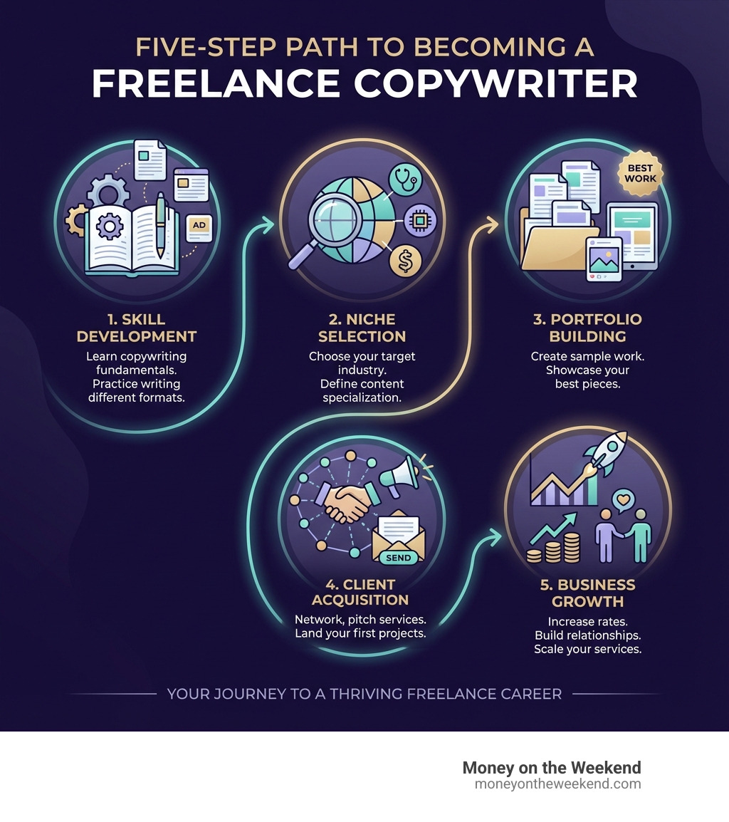 Infographic showing the five-step path to becoming a freelance copywriter: Step 1 - Skill Development (learn copywriting fundamentals and practice writing different formats), Step 2 - Niche Selection (choose your target industry and content specialization), Step 3 - Portfolio Building (create sample work and showcase your best pieces), Step 4 - Client Acquisition (network, pitch services, and land your first projects), Step 5 - Business Growth (increase rates, build relationships, and scale your services) - freelance copywriting services infographic Infographic showing the five-step path to becoming a freelance copywriter: Step 1 - Skill Development (learn copywriting fundamentals and practice writing different formats), Step 2 - Niche Selection (choose your target industry and content specialization), Step 3 - Portfolio Building (create sample work and showcase your best pieces), Step 4 - Client Acquisition (network, pitch services, and land your first projects), Step 5 - Business Growth (increase rates, build relationships, and scale your services) - freelance copywriting services infographic