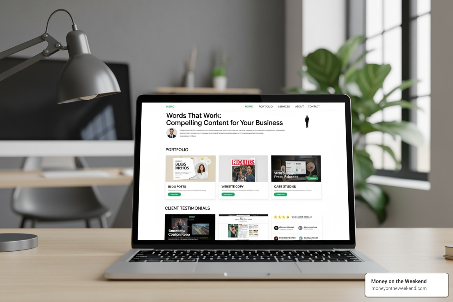 A professional-looking freelance portfolio website displayed on a laptop screen, showcasing various writing samples and client testimonials. - freelance copywriting services A professional-looking freelance portfolio website displayed on a laptop screen, showcasing various writing samples and client testimonials. - freelance copywriting services