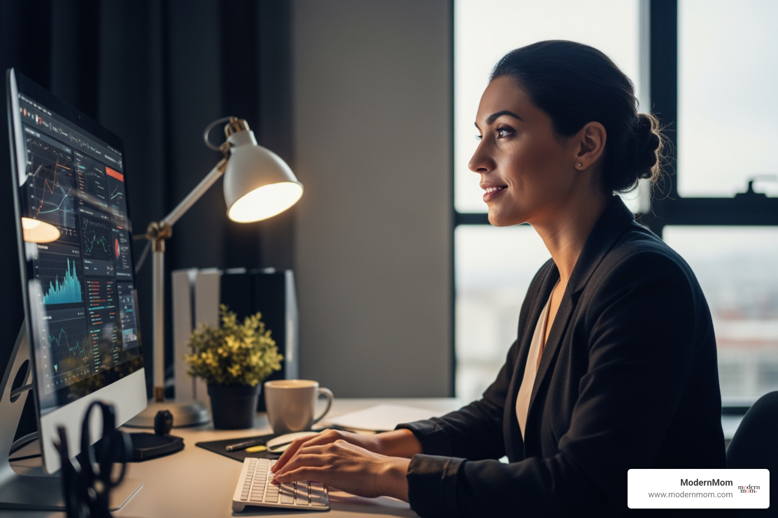woman at a computer, looking determined and hopeful - Scholarships for moms