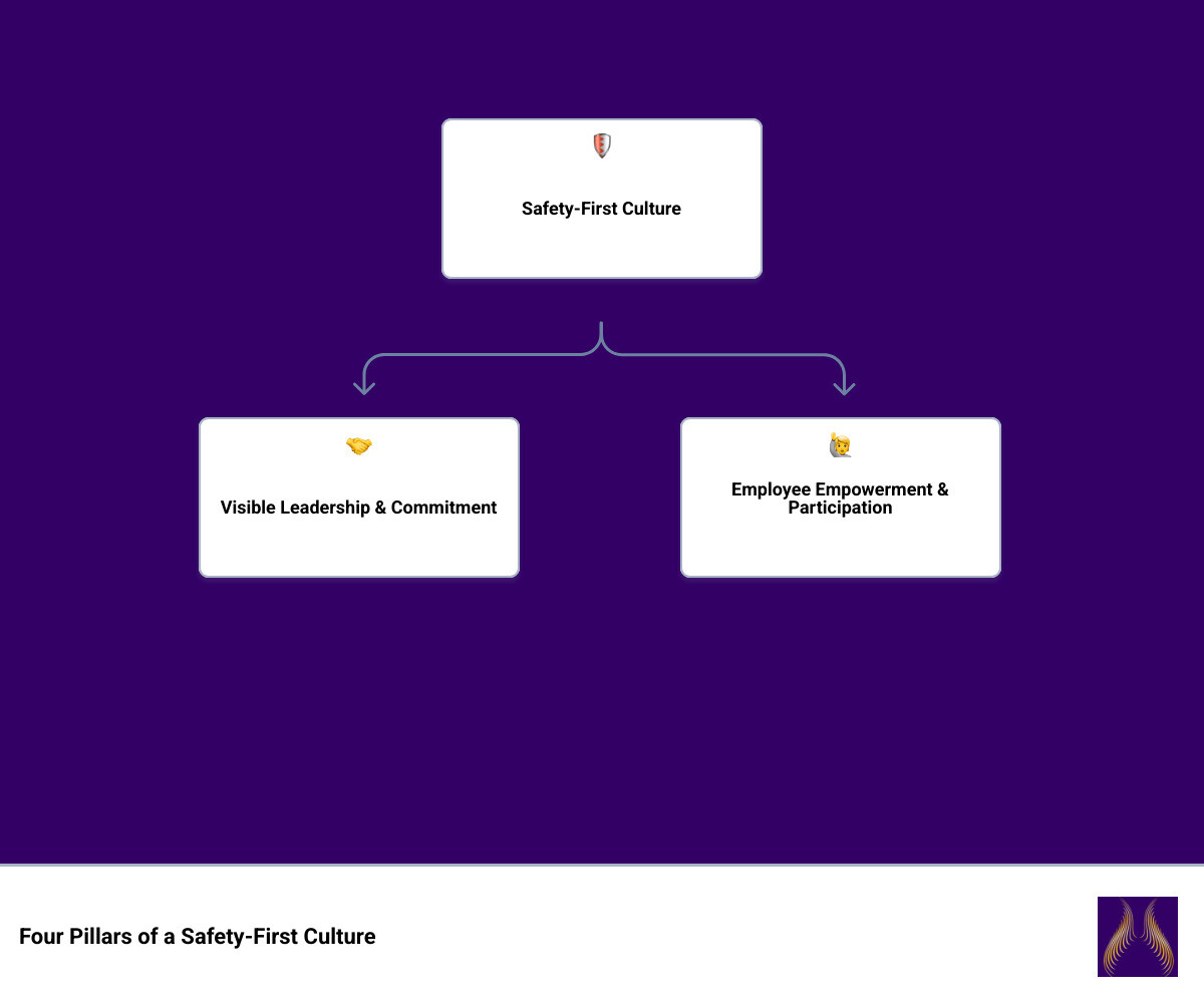 Infographic showing the four pillars of a safety-first culture: 1) Visible Leadership & Commitment - leaders model safe behavior and allocate resources; 2) Employee Empowerment & Participation - training, open reporting, and shared responsibility; 3) Systematic Hazard Prevention & Control - proactive risk assessment, hierarchy of controls, and emergency preparedness; 4) Continuous Improvement & Adaptation - learning from incidents, tracking metrics, and leveraging technology - Why safety first? infographic hierarchy Infographic showing the four pillars of a safety-first culture: 1) Visible Leadership & Commitment - leaders model safe behavior and allocate resources; 2) Employee Empowerment & Participation - training, open reporting, and shared responsibility; 3) Systematic Hazard Prevention & Control - proactive risk assessment, hierarchy of controls, and emergency preparedness; 4) Continuous Improvement & Adaptation - learning from incidents, tracking metrics, and leveraging technology - Why safety first? infographic hierarchy