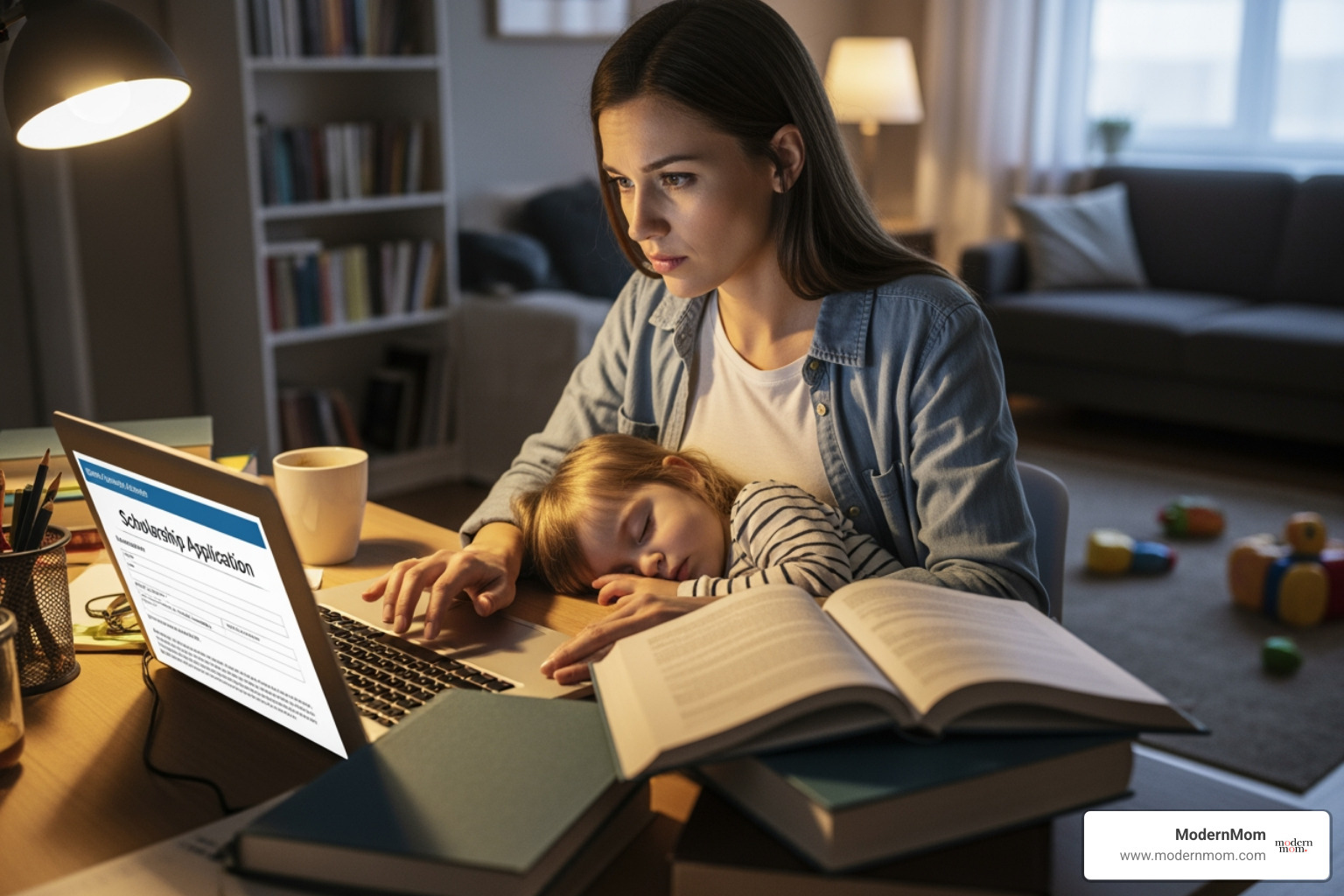 laptop screen showing a financial aid website - Scholarships for moms