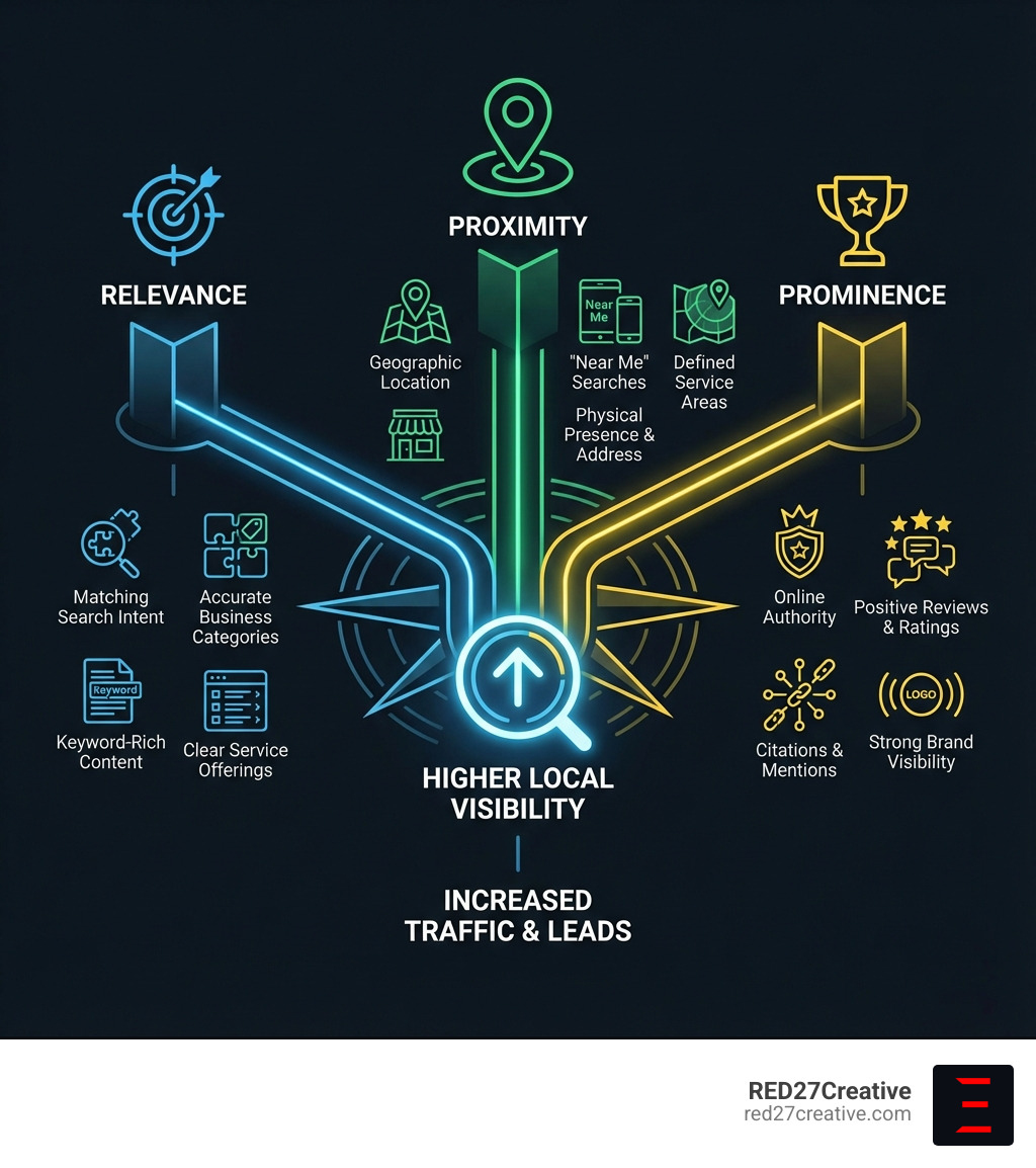 Diagram illustrating the three pillars of local SEO: Relevance, Proximity, and Prominence. - Local SEO experts infographic Diagram illustrating the three pillars of local SEO: Relevance, Proximity, and Prominence. - Local SEO experts infographic