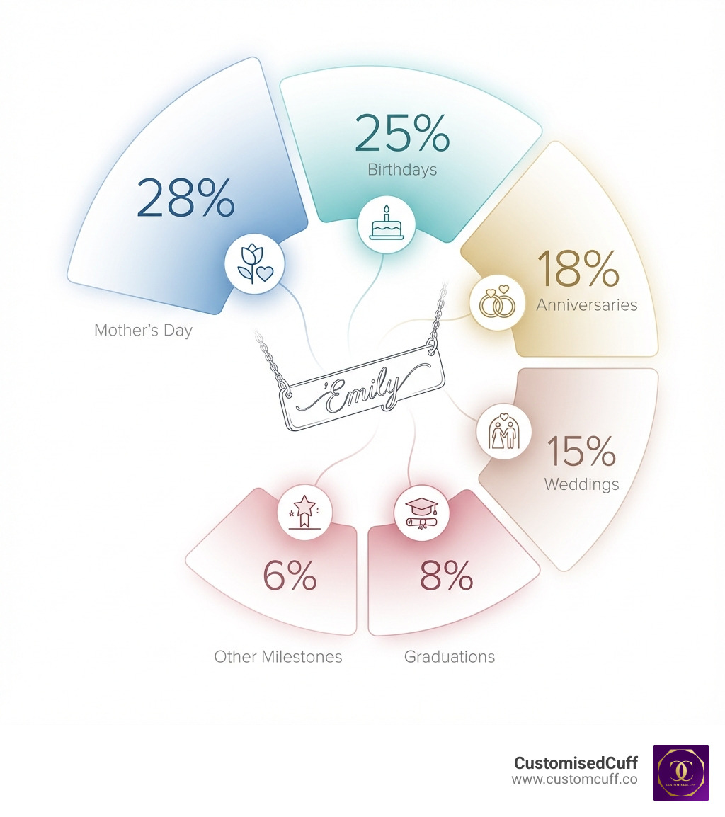 Infographic showing the popularity of personalized gifts across different occasions: Mother's Day (28%), Birthdays (25%), Anniversaries (18%), Weddings (15%), Graduations (8%), Other Milestones (6%) - engraved name jewelry infographic 