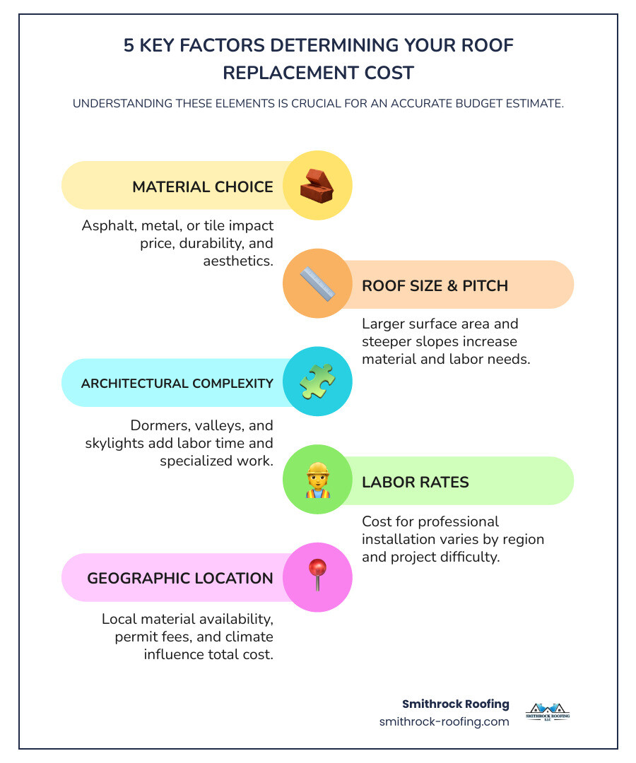 infographic showing the 5 key factors that determine roof replacement cost: Material type with examples of asphalt shingles and metal panels, Roof Size measured in square feet with a house diagram showing measurement points, Complexity illustrated with dormers and valleys, Labor Costs shown as a percentage of total project cost, and Location depicting regional price variations across a US map - roof cost calculator infographic infographic-line-5-steps-colors