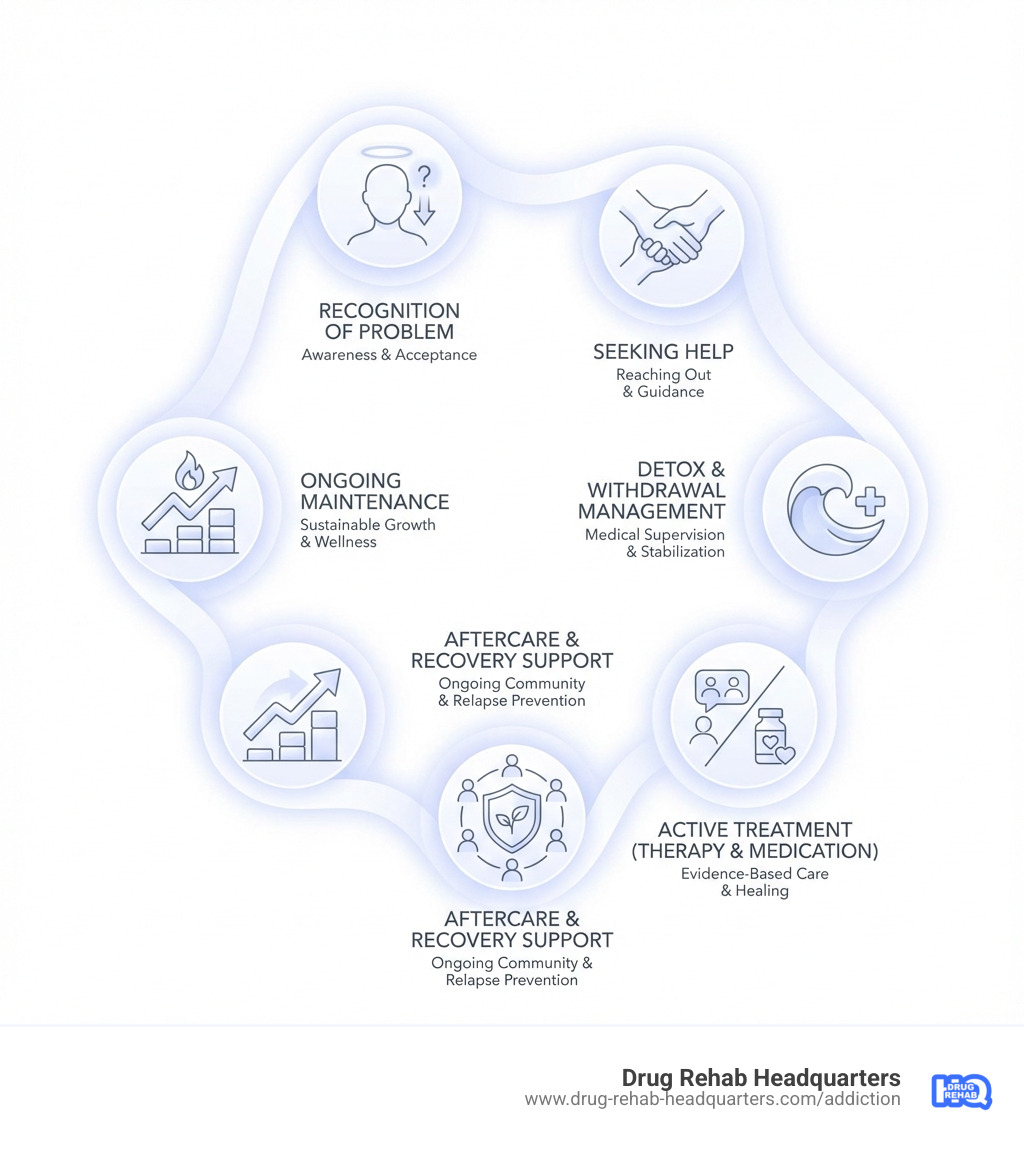infographic showing the addiction cycle with intervention points including recognition of problem, seeking help, detox and withdrawal management, active treatment including therapy and medication, aftercare and recovery support, and ongoing maintenance - drug alcohol rehabs infographic infographic-line-5-steps-elegant_beige