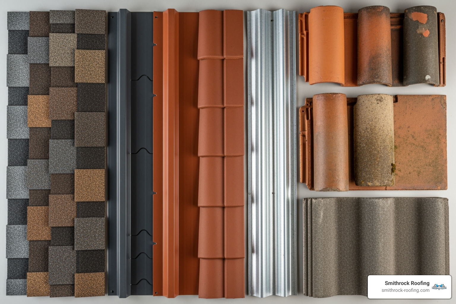 various roofing material samples like asphalt shingles, metal panels, and tiles - roof cost calculator
