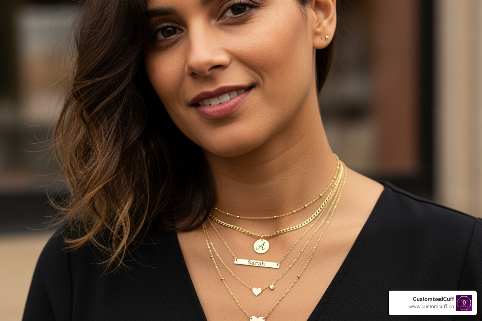 person wearing layered engraved name necklaces - engraved name jewelry