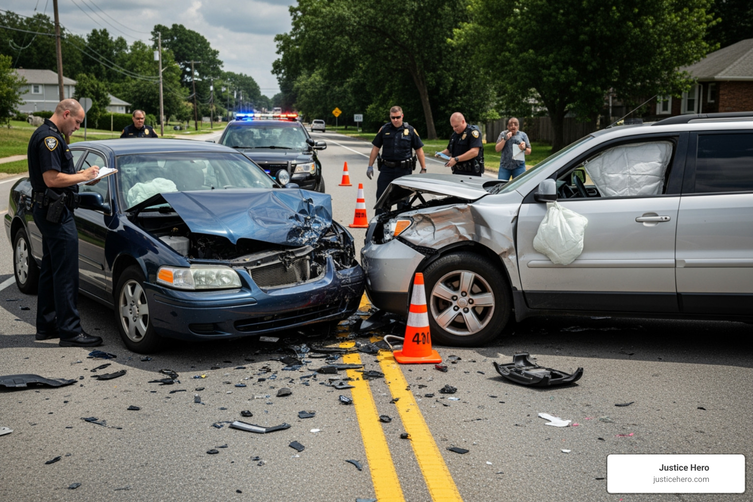Two vehicles after a collision with police present - motor vehicle accident lawyer Irvine