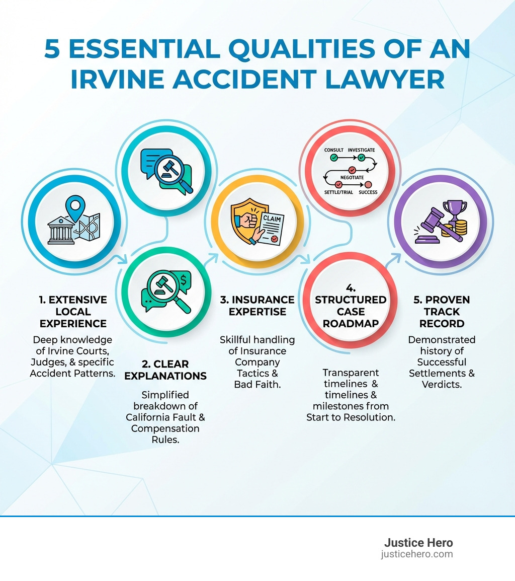 Infographic showing 5 essential qualities of an Irvine accident lawyer: 1. Extensive local experience with Irvine courts and accident patterns, 2. Clear explanations of California fault and compensation rules, 3. Expertise in handling insurance company tactics, 4. Structured case roadmap with clear timelines, 5. Proven track record of successful settlements and verdicts - motor vehicle accident lawyer Irvine infographic 