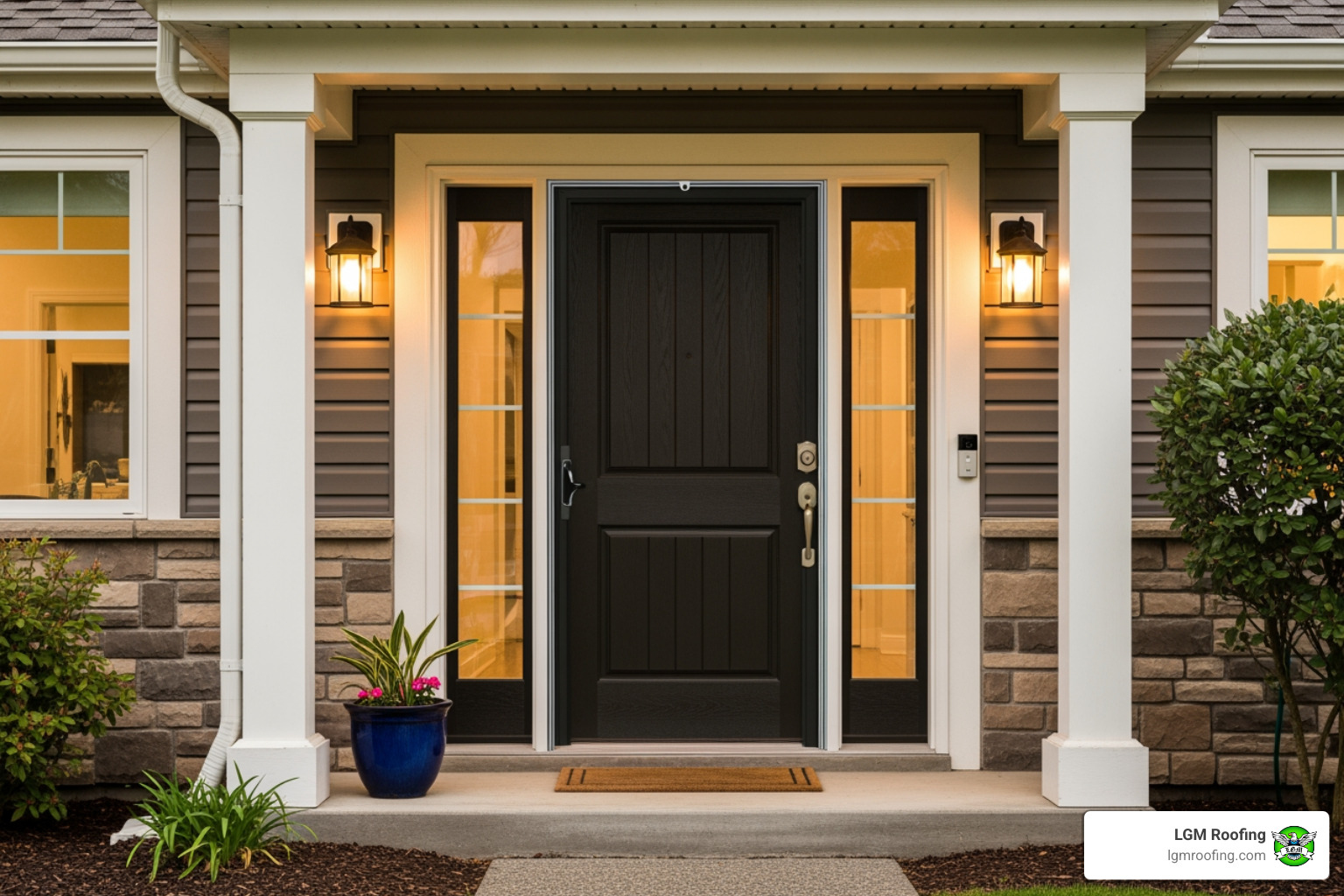 infographic showing three key benefits of professional door installation: a shield icon representing improved home security with modern locking systems, a thermometer with dollar sign showing 15-20% energy cost reduction from proper sealing, and a house with upward arrow indicating increased property value and curb appeal - best door installation in jersey city, nj Front door of a modern home in Jersey City, featuring a dark wood grain design, flanked by sidelights, with a porch light illuminating the entrance, surrounded by greenery and a blue flower pot, emphasizing professional door installation for enhanced security and energy efficiency by LGM Roofing.