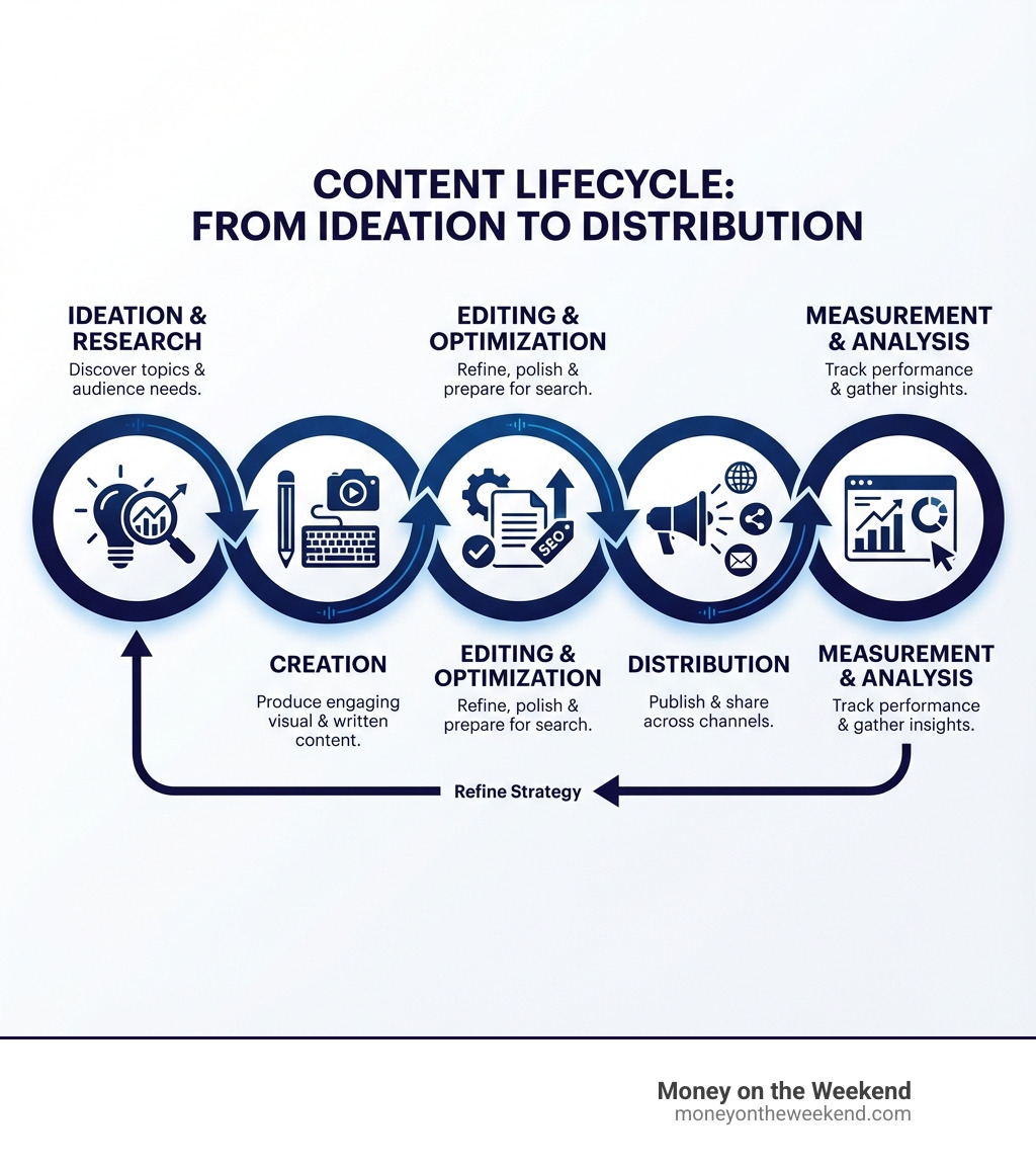 infographic explaining the content lifecycle from ideation to distribution - Content creation tools infographic infographic explaining the content lifecycle from ideation to distribution - Content creation tools infographic