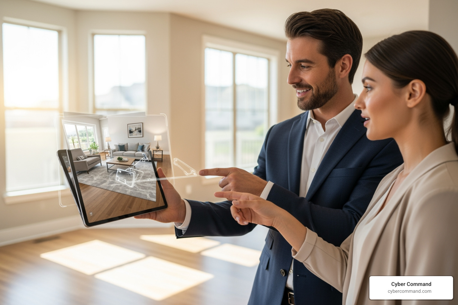 real estate agent using a tablet with AR to show a client a virtually staged empty room - real estate tech real estate agent using a tablet with AR to show a client a virtually staged empty room - real estate tech