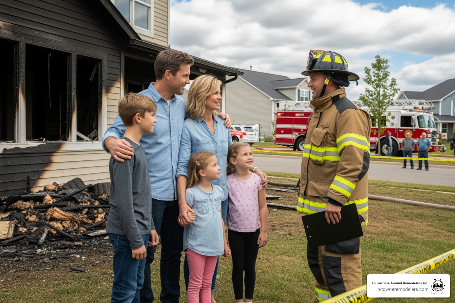 family safely outside home with firefighter - fire damage home