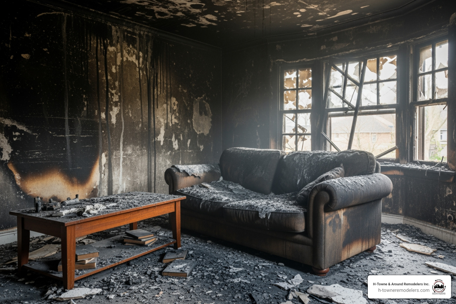 soot-covered walls and furniture - fire damage home