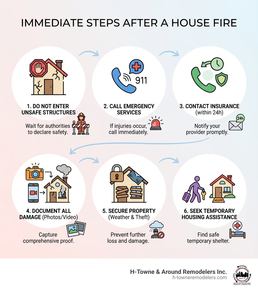 infographic showing immediate steps after a house fire including do not enter unsafe structures, call emergency services, contact insurance within 24 hours, document all damage with photos, secure property against weather and theft, and seek temporary housing assistance - fire damage home infographic 