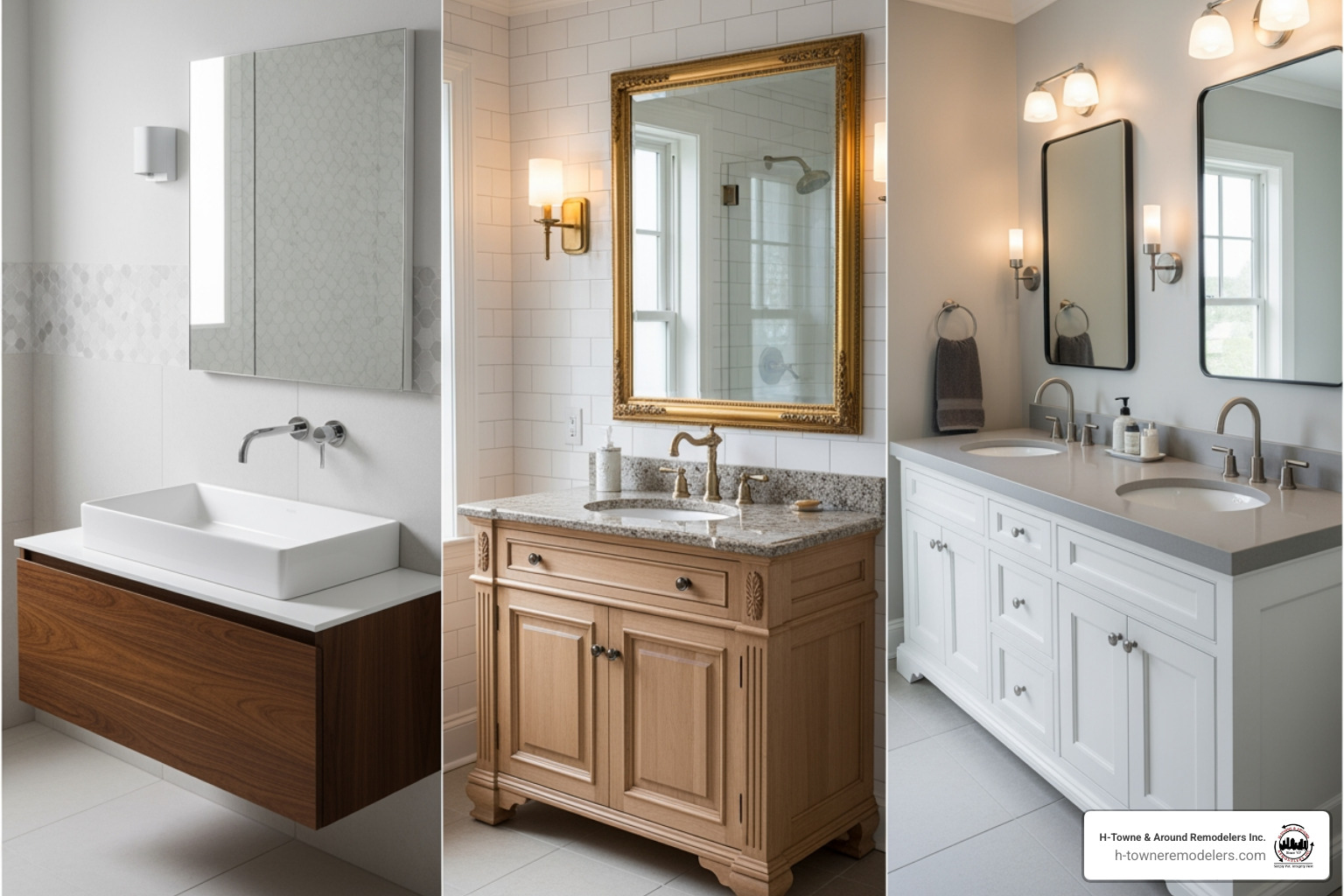 Three different vanity styles: a floating vanity, a traditional freestanding one, and a custom double vanity - Houston vanity installation