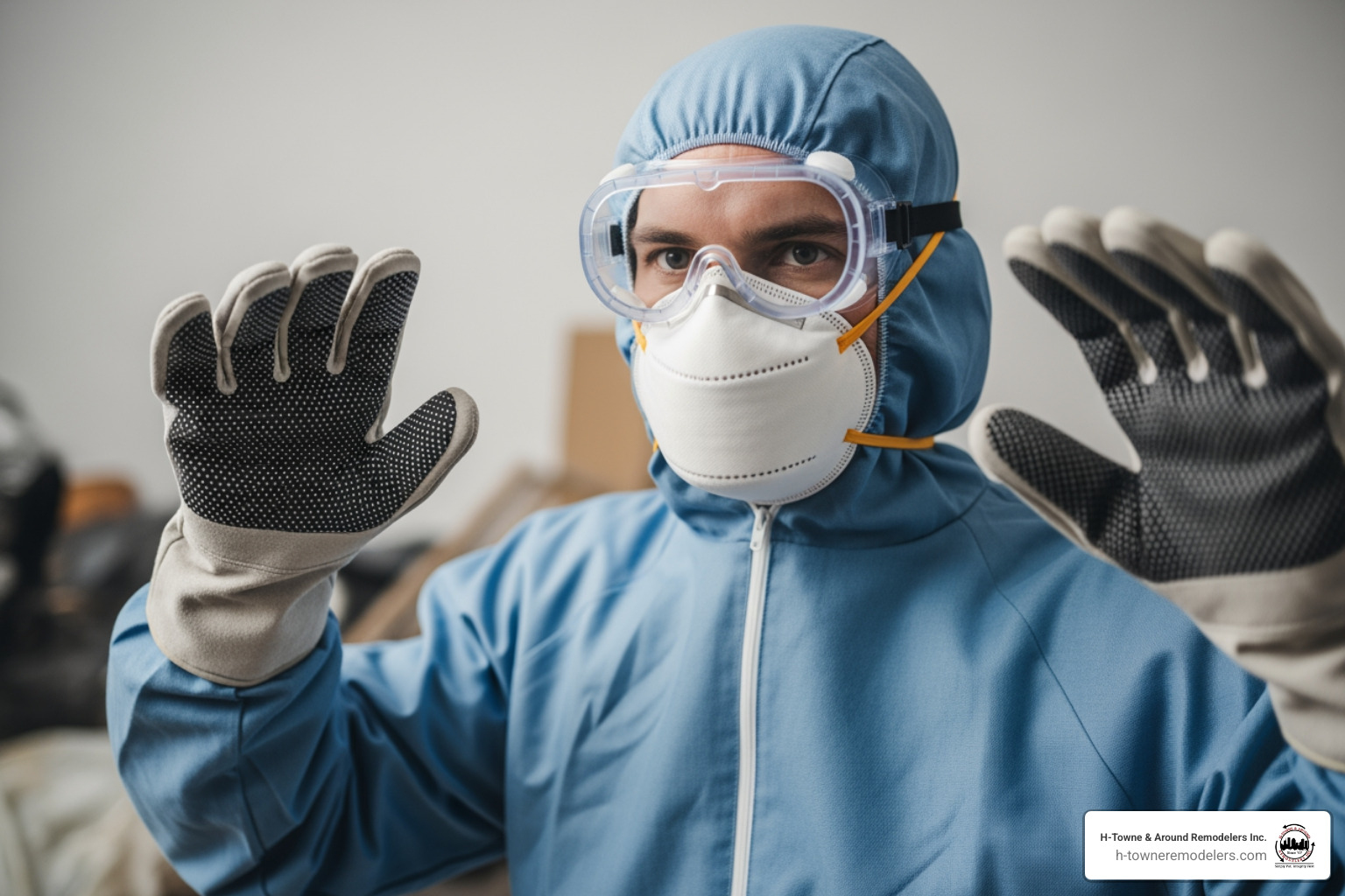A person wearing an N95 mask, goggles, and gloves - home smoke damage cleanup