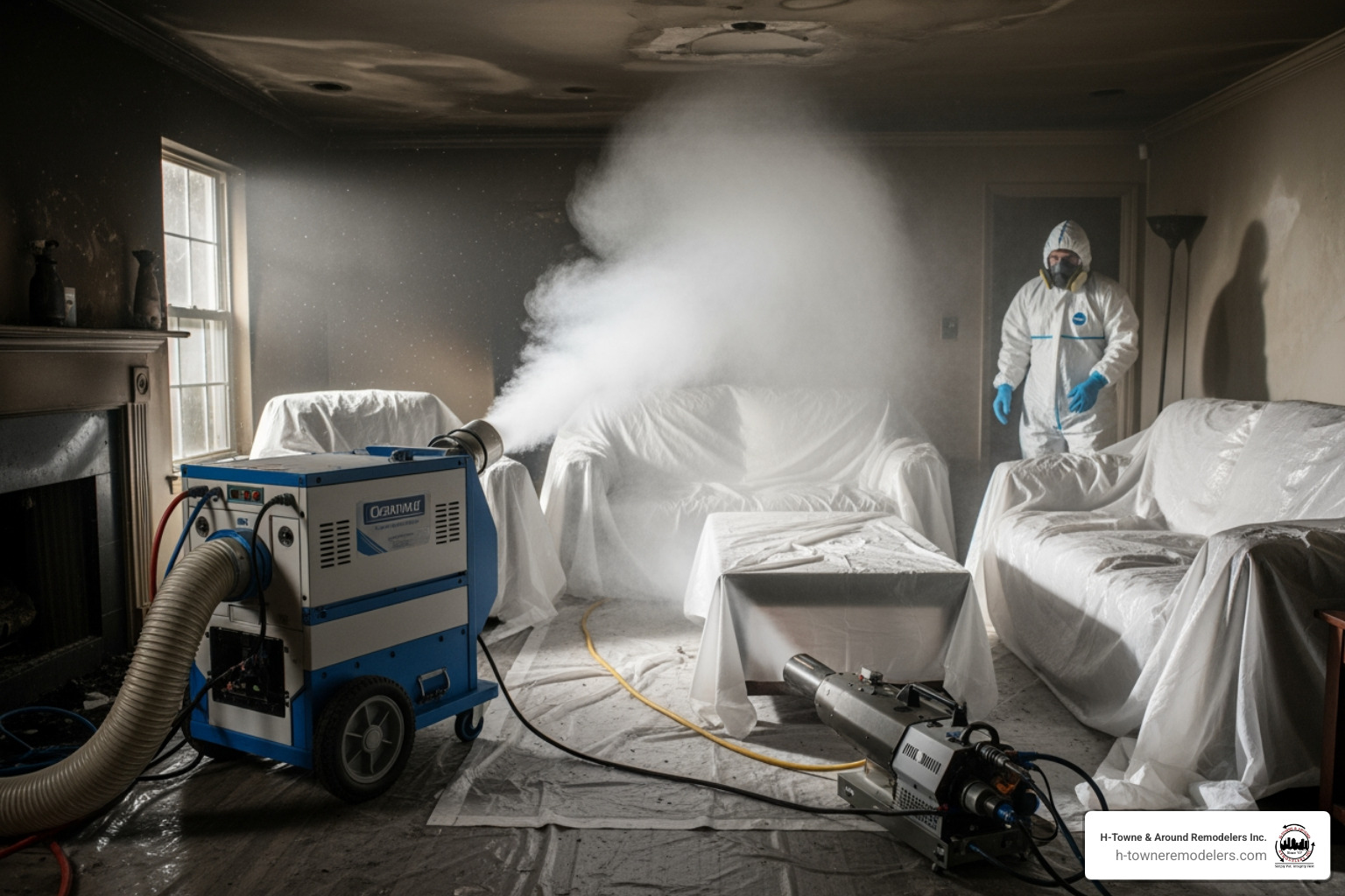 Professional restoration equipment like an air scrubber or thermal fogger in a home setting - home smoke damage cleanup