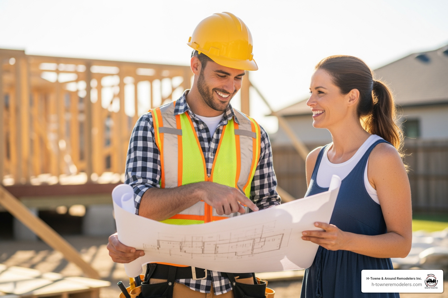 friendly builder consulting with a homeowner over blueprints - texas deck builders