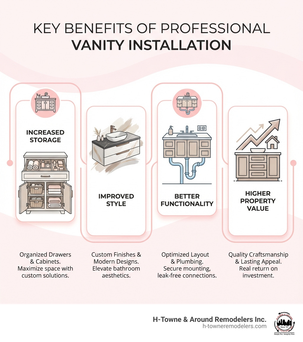 Infographic showing the key benefits of professional vanity installation: Increased Storage with organized drawers and cabinets, Improved Style with custom finishes and modern designs, Better Functionality with optimized layout and plumbing, and Higher Property Value through quality craftsmanship and lasting appeal - Houston vanity installation infographic 