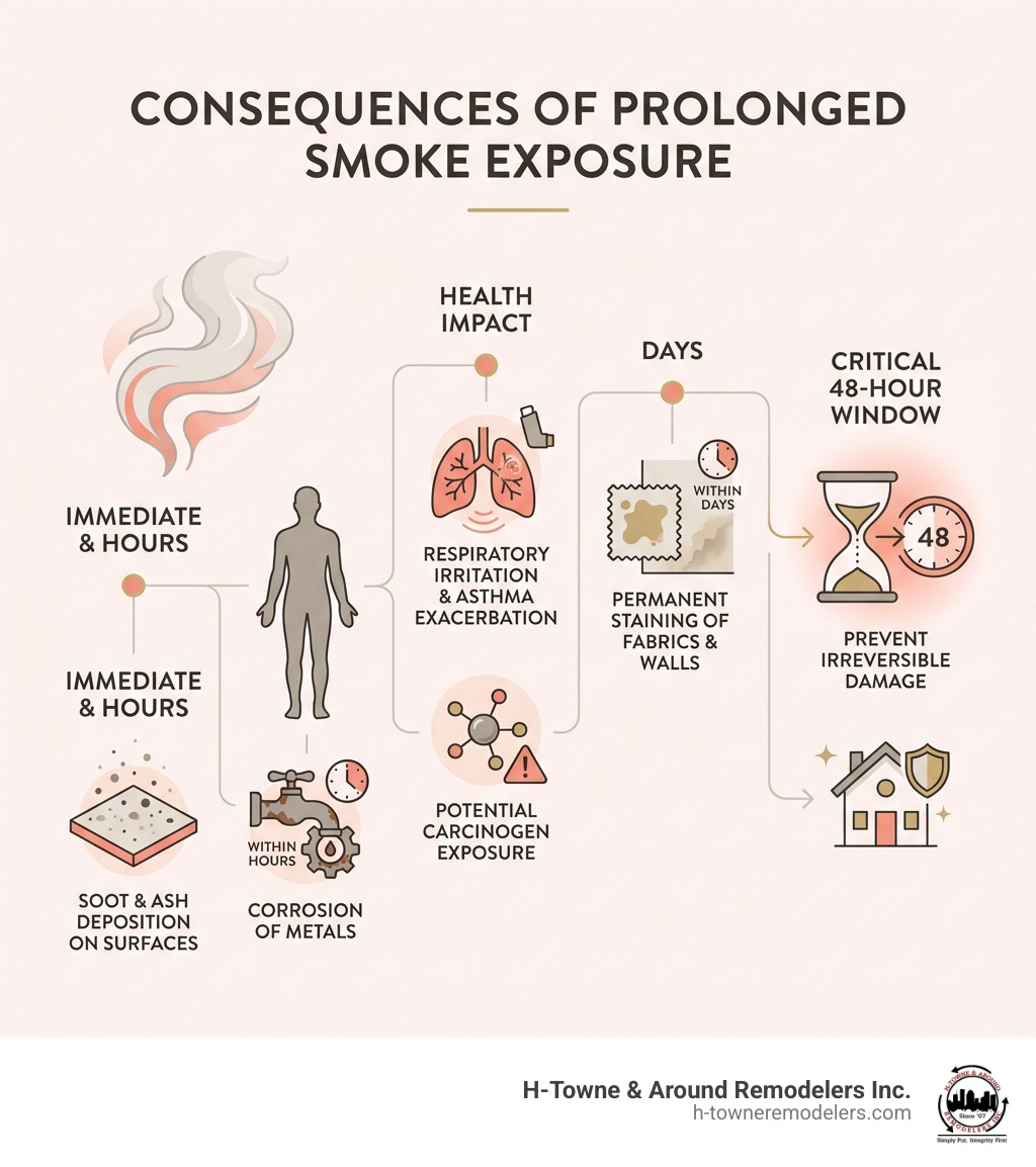 Infographic showing the physical and health consequences of prolonged smoke exposure: soot and ash deposition on surfaces, corrosion of metals within hours, respiratory irritation and asthma exacerbation, potential carcinogen exposure, permanent staining of fabrics and walls within days, and the critical 48-hour window for preventing irreversible damage - home smoke damage cleanup infographic 