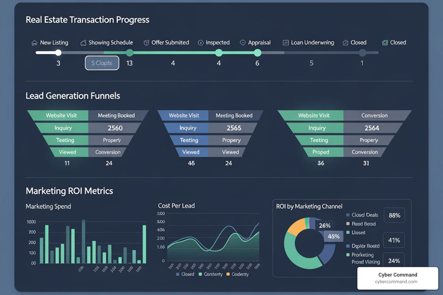 dashboard showing transaction progress, lead funnels, and marketing ROI - real estate tech dashboard showing transaction progress, lead funnels, and marketing ROI - real estate tech