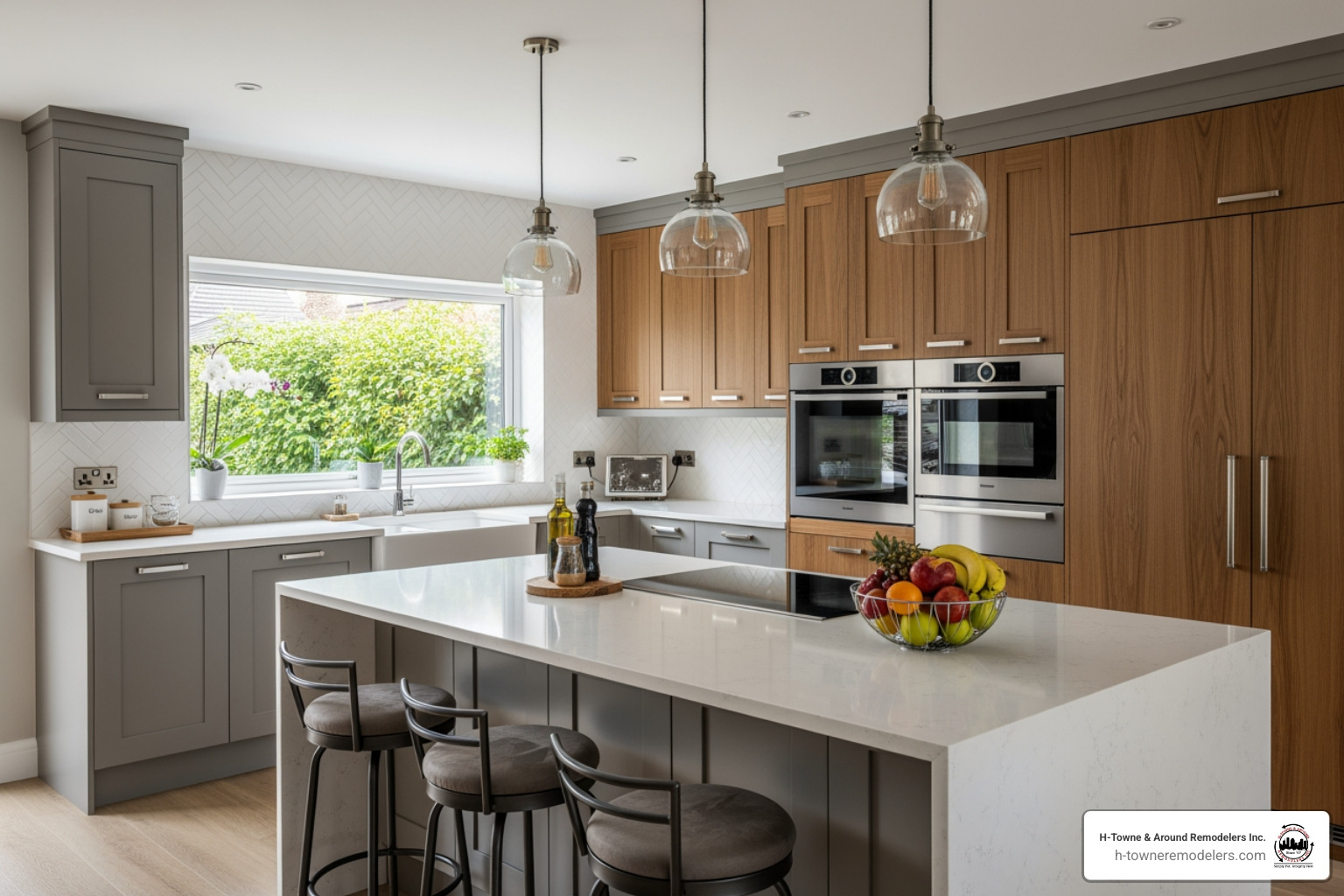 stylish mid-range kitchen with a large island and quartz countertops - Kitchen remodel The Woodlands