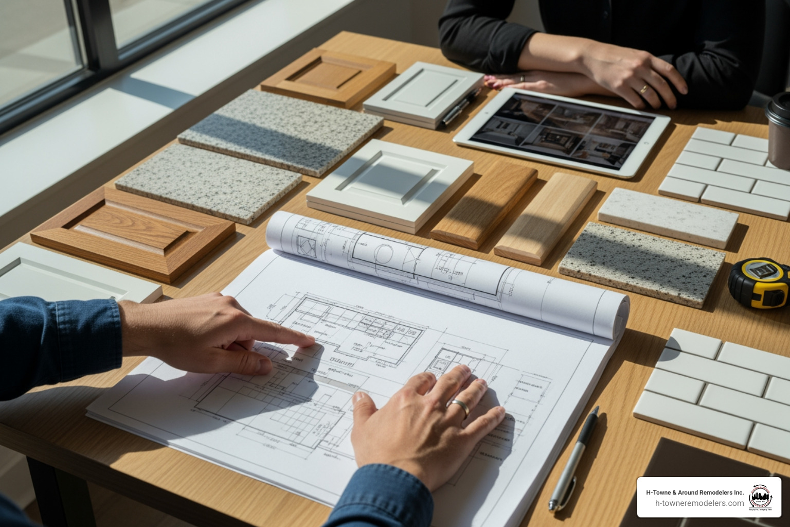 design consultation with material samples and blueprints - Kitchen remodel The Woodlands