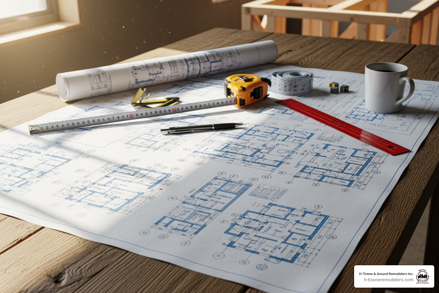 construction blueprint spread out on a table - General contractors Katy TX