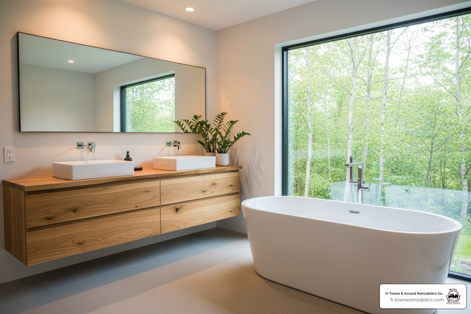 modern bathroom with freestanding tub and custom vanity - bath remodel houston