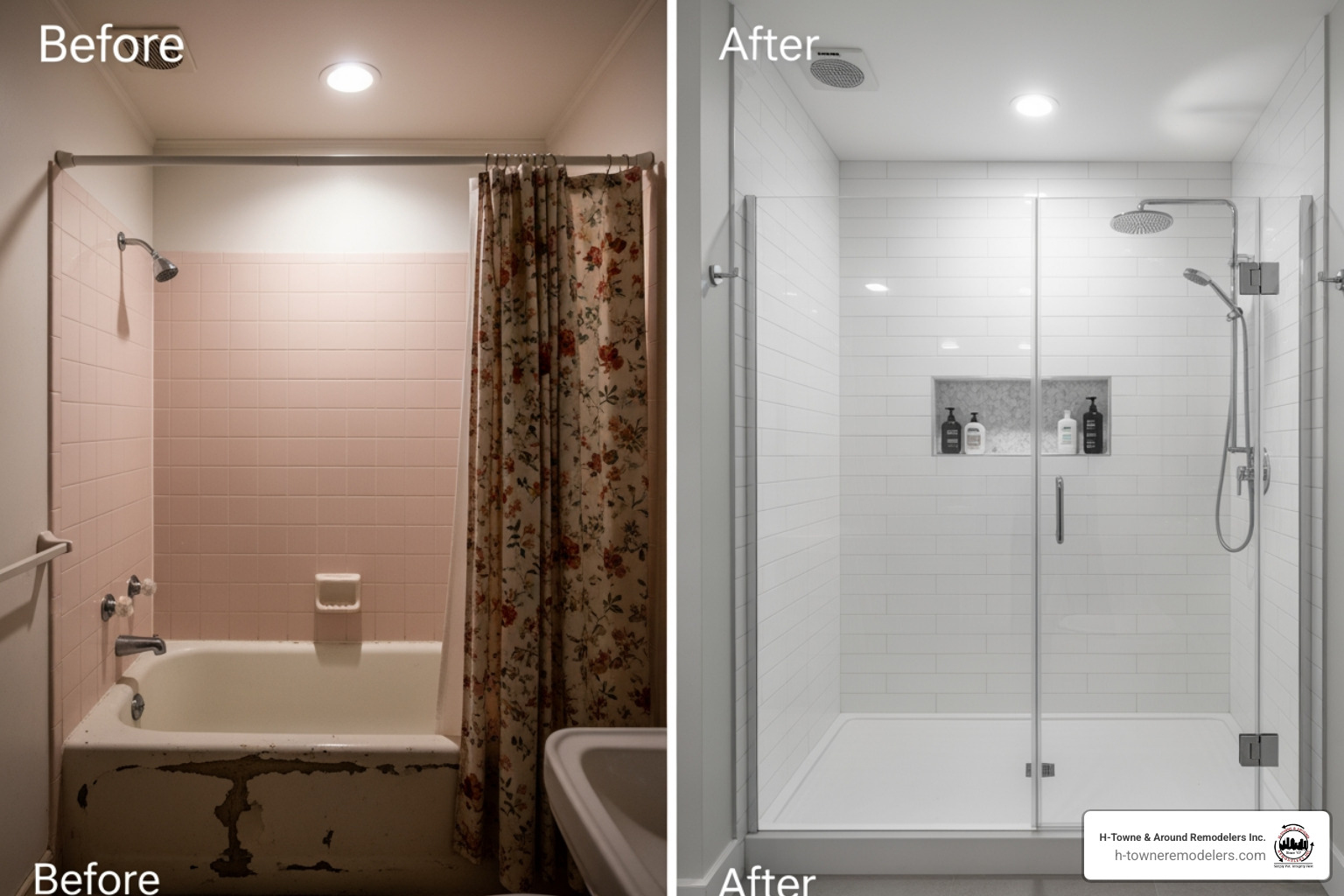 before and after tub to shower conversion - bath remodel houston