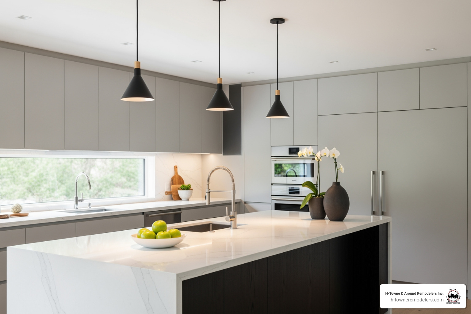 kitchen island with quartz countertops and pendant lighting - kitchen contractor Houston