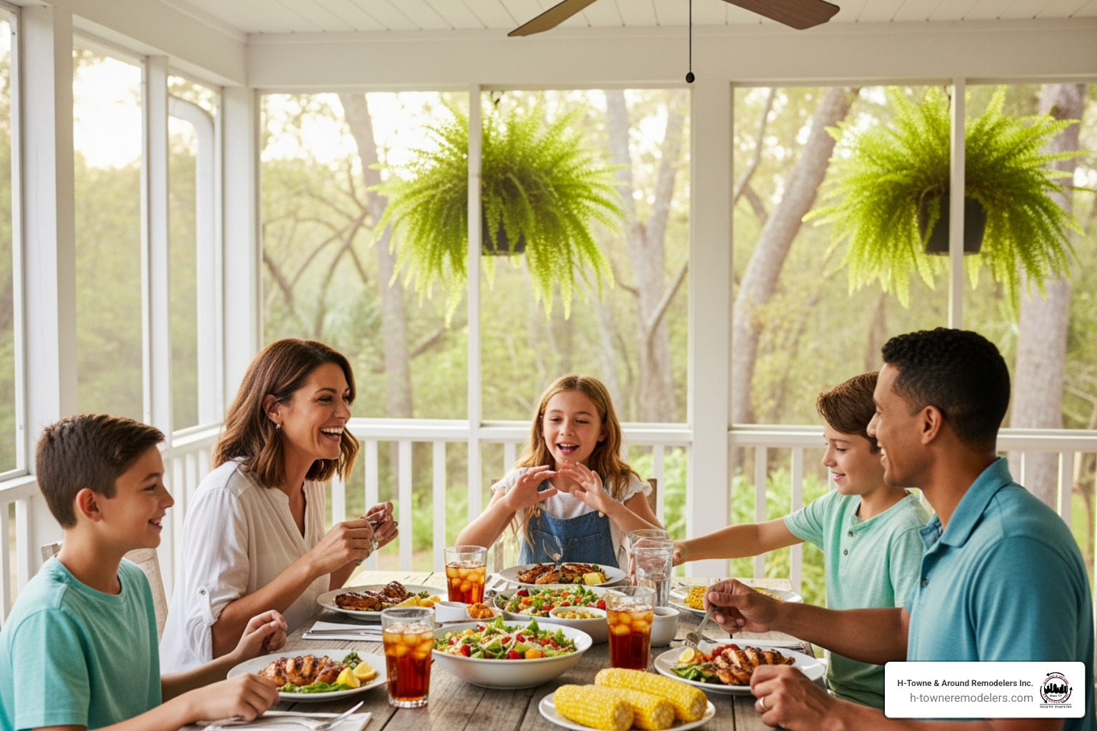 family enjoying meal on screened-in porch - porch addition contractors near me