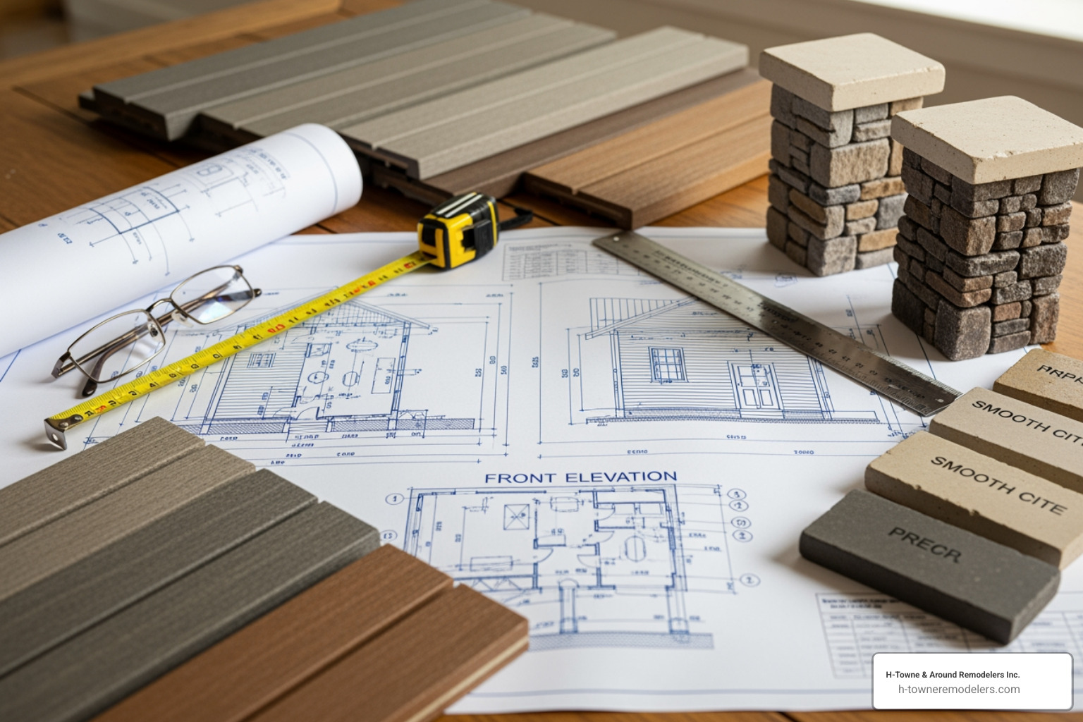 design blueprint for a porch next to samples of composite decking and stone pillars - porch addition contractors near me