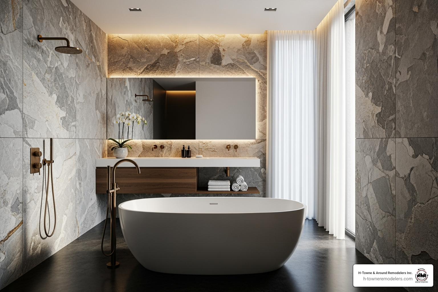 A sleek, modern spa-like bathroom featuring a freestanding tub, natural stone walls, and bronze fixtures - home renovation houston