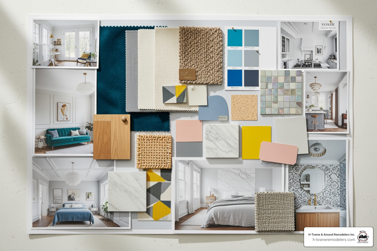 A vibrant home renovation mood board featuring fabric swatches, paint chips, material samples, and inspirational images - home renovation houston