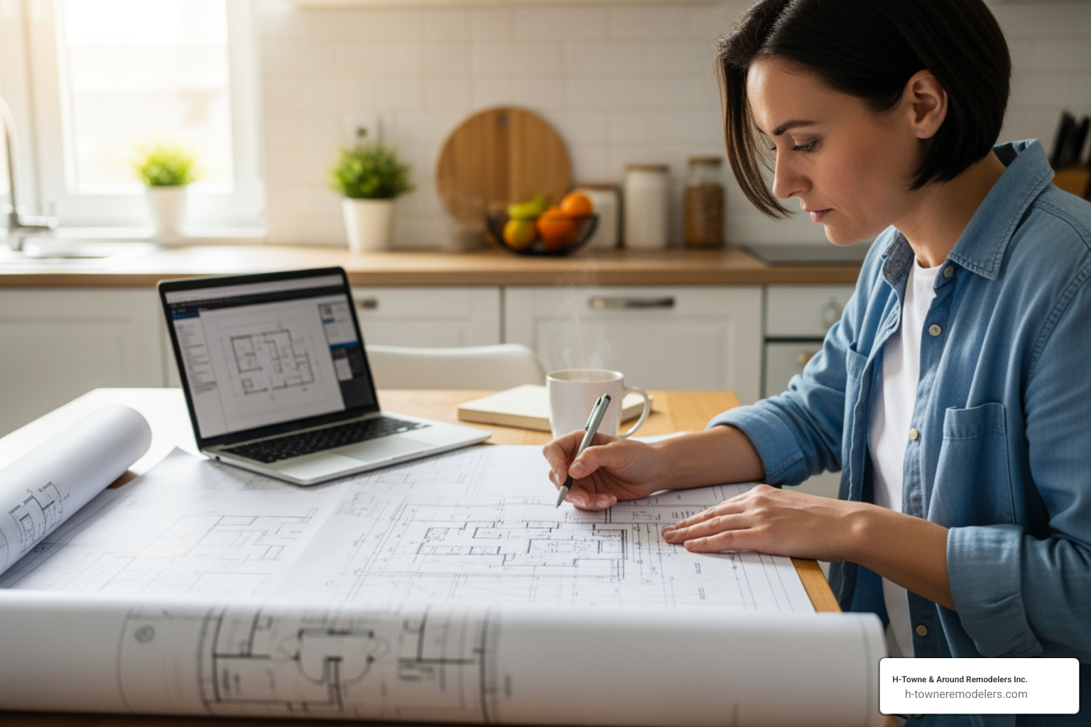 A homeowner reviewing blueprints at a kitchen table, looking thoughtful - putting an addition on a house A homeowner reviewing blueprints at a kitchen table, looking thoughtful - putting an addition on a house