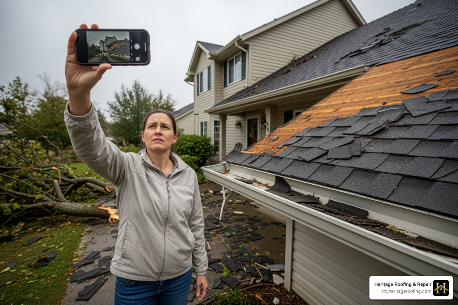 homeowner taking photos of damaged roof with smartphone - storm damage home repair