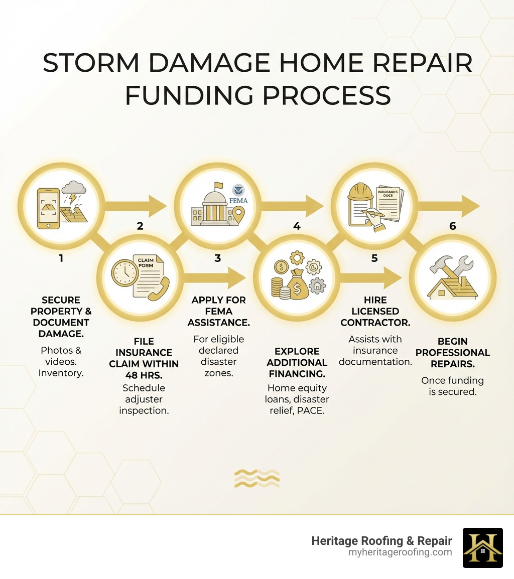 Infographic showing the storm damage home repair funding process: 1. Secure property and document damage with photos and videos, 2. File insurance claim within 48 hours and schedule adjuster inspection, 3. Apply for FEMA assistance if eligible in declared disaster zones, 4. Explore additional financing options like home equity loans or disaster relief programs, 5. Hire licensed contractor who assists with insurance documentation, 6. Begin professional repairs once funding is secured - storm damage home repair infographic 