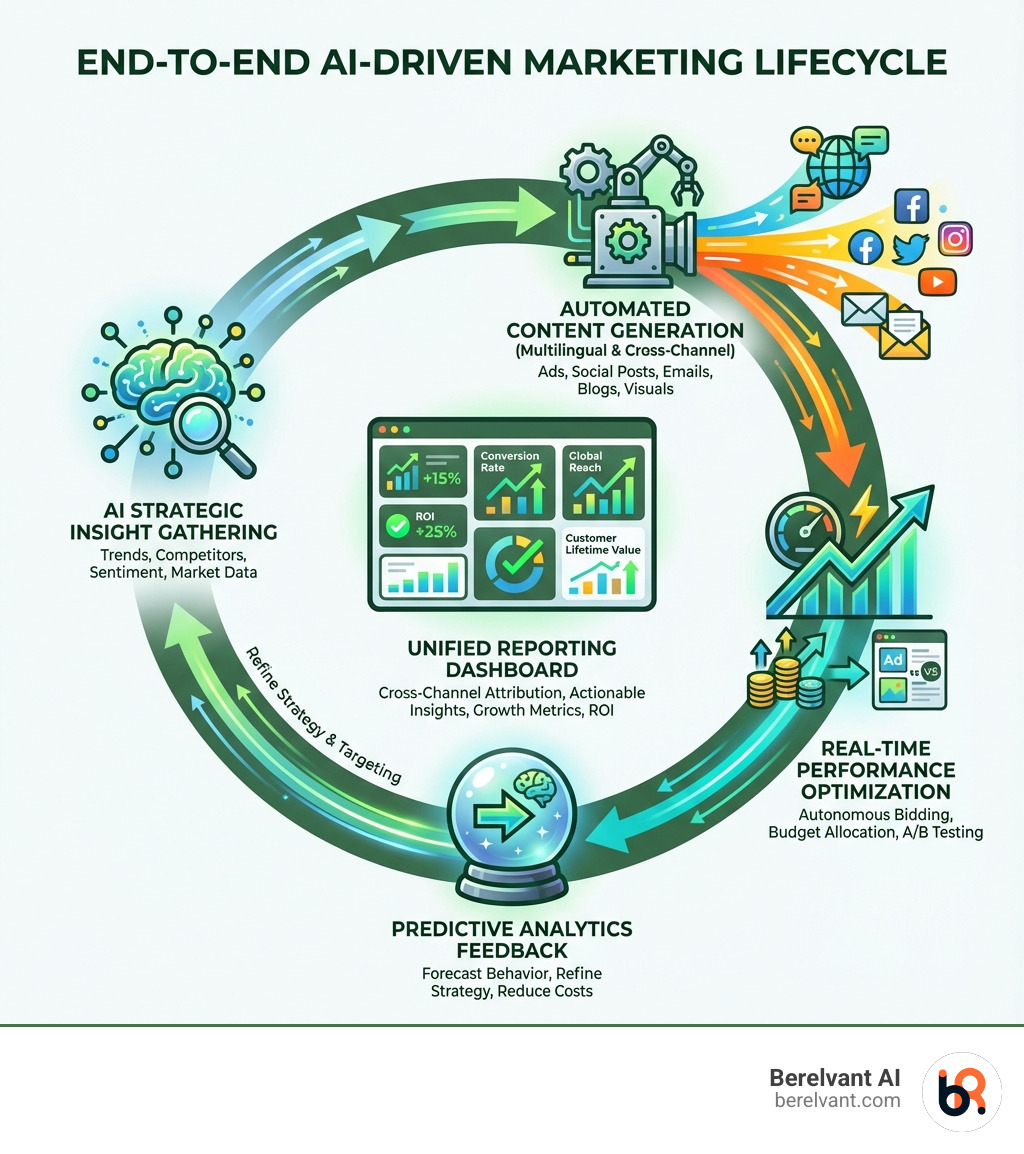 End-to-end AI-driven marketing lifecycle infographic showing strategic insight gathering, automated content generation across languages, real-time performance optimization, predictive analytics feeding back into strategy, and unified reporting dashboard - ai marketing tools infographic 