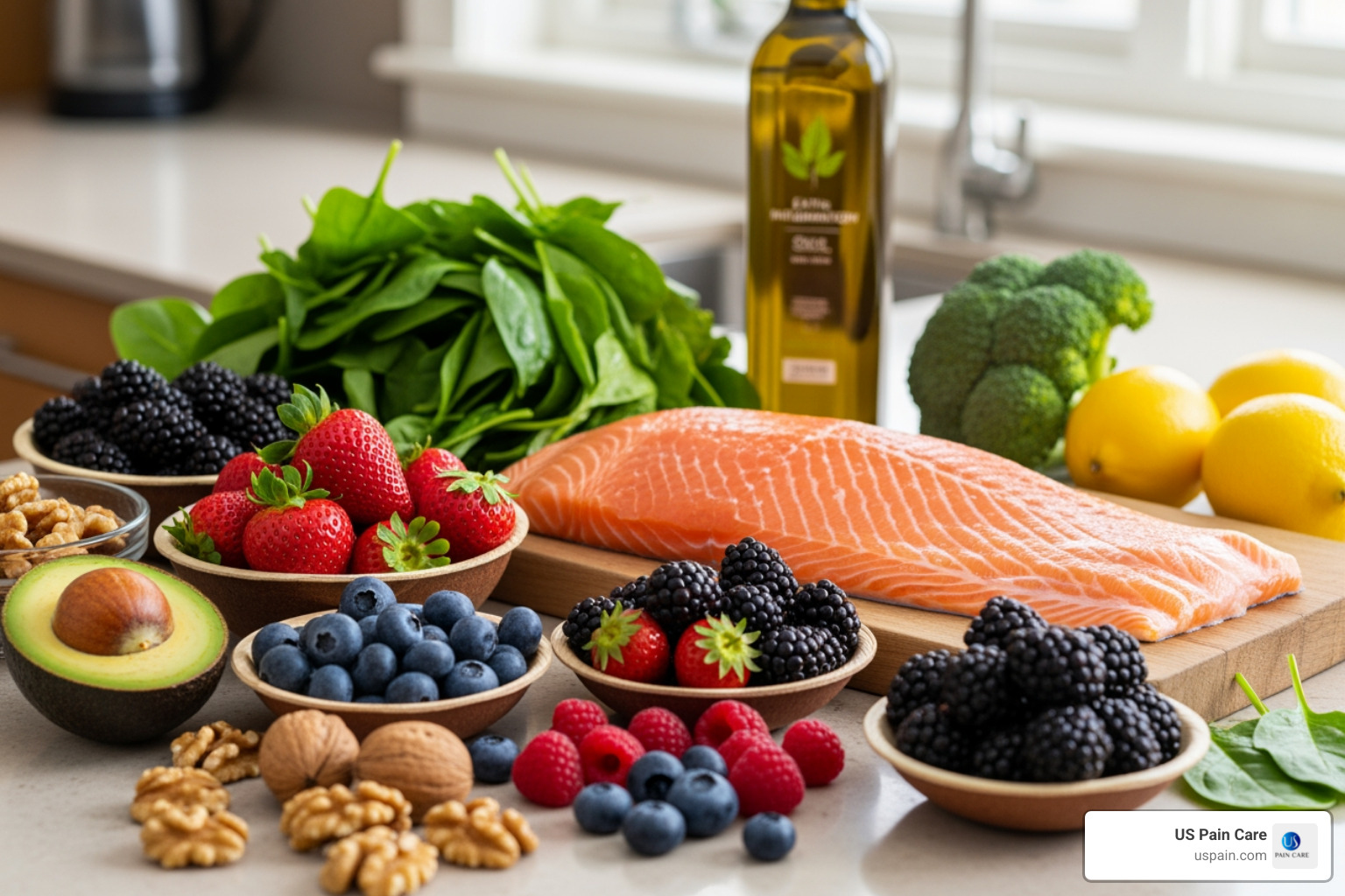 a kitchen counter laden with anti-inflammatory foods like salmon, berries, spinach, and olive oil - whole foods pain relief a kitchen counter laden with anti-inflammatory foods like salmon, berries, spinach, and olive oil - whole foods pain relief