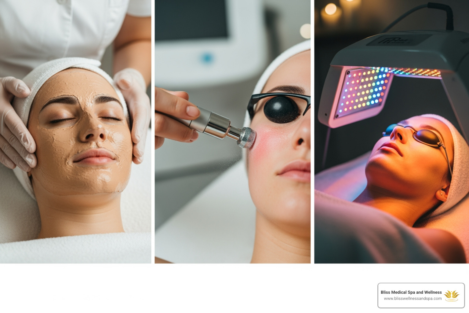 collage of different facial treatments like a mask, microdermabrasion, and LED therapy - facial spa near me