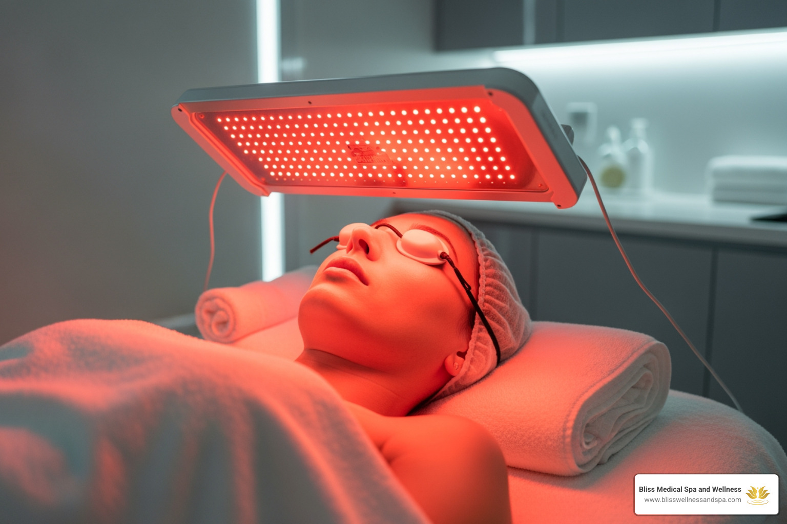 A client is undergoing LED light therapy, with a panel of red lights positioned over their face, highlighting the use of cutting-edge technology for skin rejuvenation. - phoenix facial spa A client is undergoing LED light therapy, with a panel of red lights positioned over their face, highlighting the use of cutting-edge technology for skin rejuvenation. - phoenix facial spa