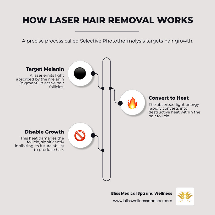 infographic showing laser targeting melanin in hair follicle during anagen phase, with labels for epidermis, dermis, hair shaft, and follicle, plus statistics showing 10-15% reduction per session leading to 95% total reduction - laser hair removal AZ infographic infographic-line-3-steps-elegant_beige