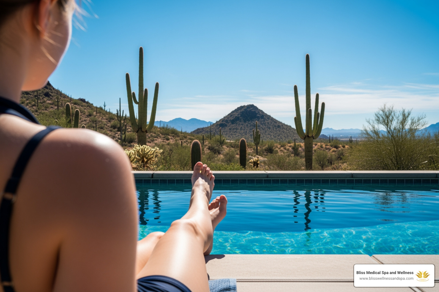 person with smooth legs relaxing by a pool in Arizona - laser hair removal AZ