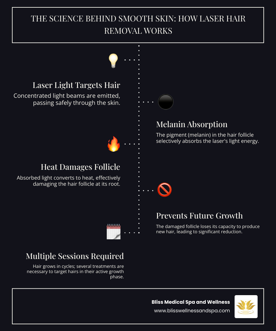 infographic showing laser hair removal process: laser light targeting melanin in hair follicle, converting to heat, damaging follicle structure, preventing regrowth, with note that multiple sessions needed due to hair growth cycles - laser hair removal phoenix infographic infographic-line-5-steps-dark
