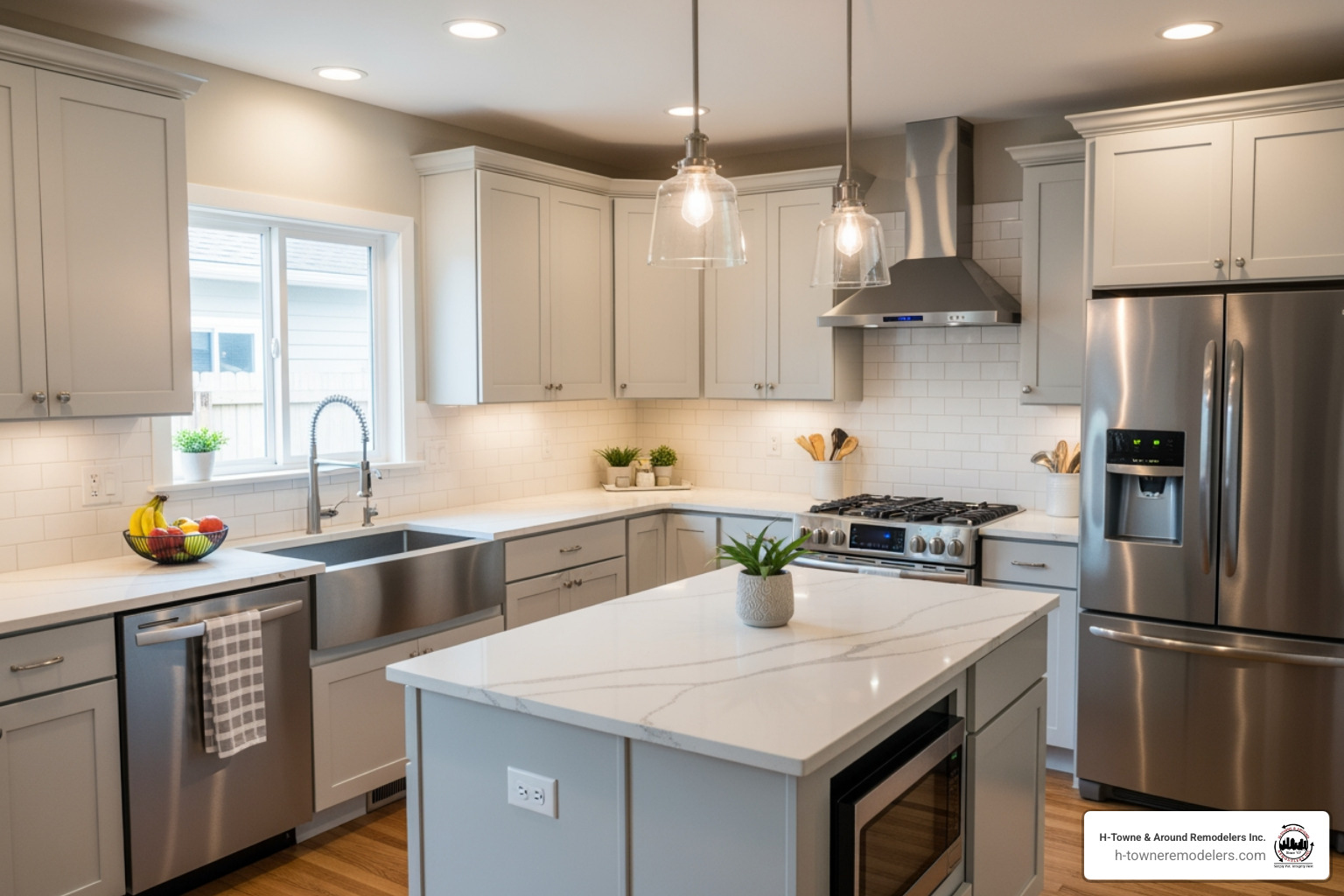 kitchen with mid-range finishes like quartz countertops and semi-custom cabinets - how much should a 10x10 kitchen remodel cost
